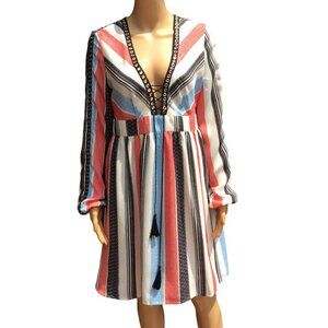 AMT Size M Long Puff Sleeve Dress Gypsy Boho Retro V-Neck Tassel Lace-up Striped